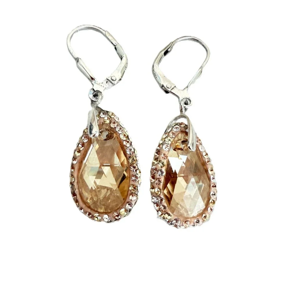 925 Sterling Silver Golden Shadow Crystal Teardrop Halo Leverback Earrings Eleg